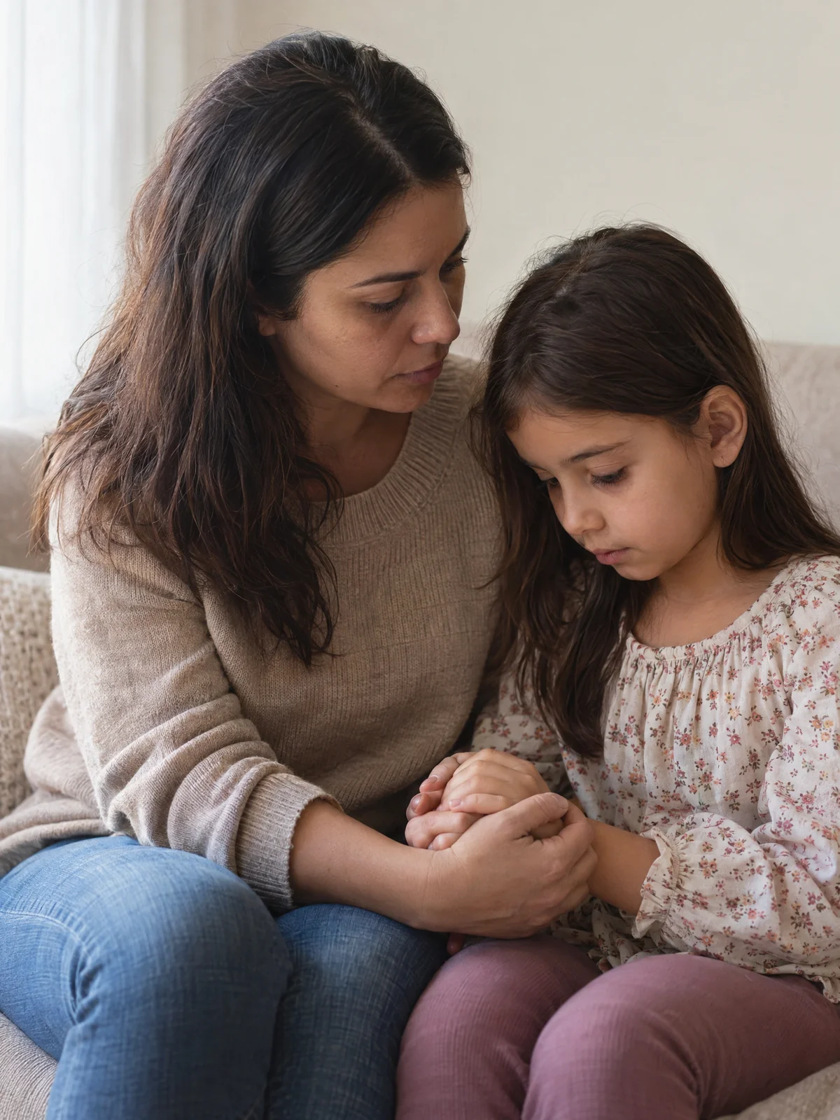 Mulher e menina sentadas juntas, de mãos dadas