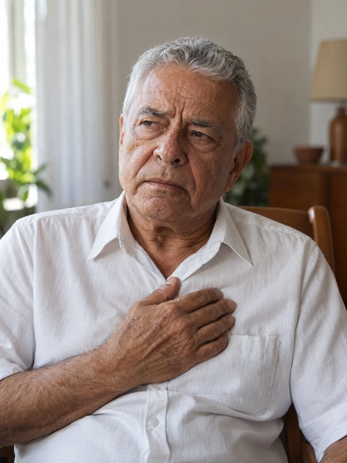 Homem idoso sentado, com a mão sobre o peito