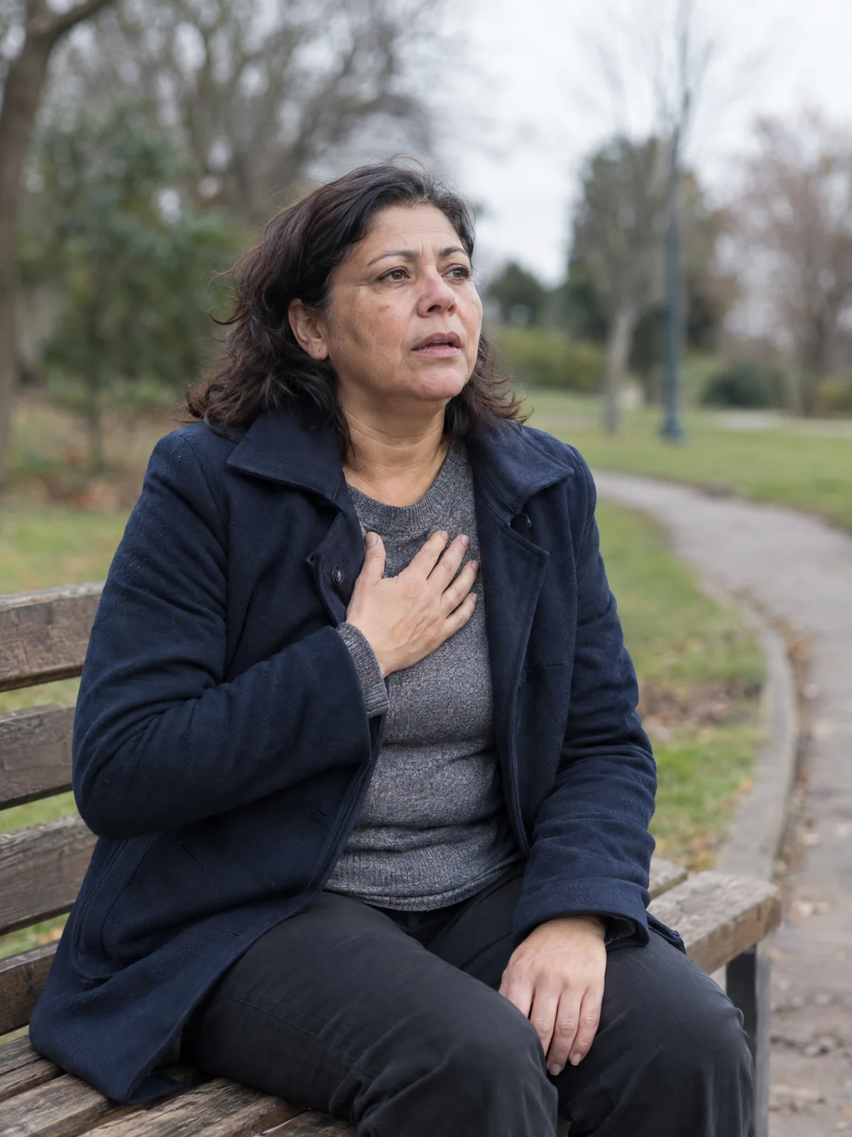Mulher sentada em um banco ao ar livre, com a mão sobre o peito