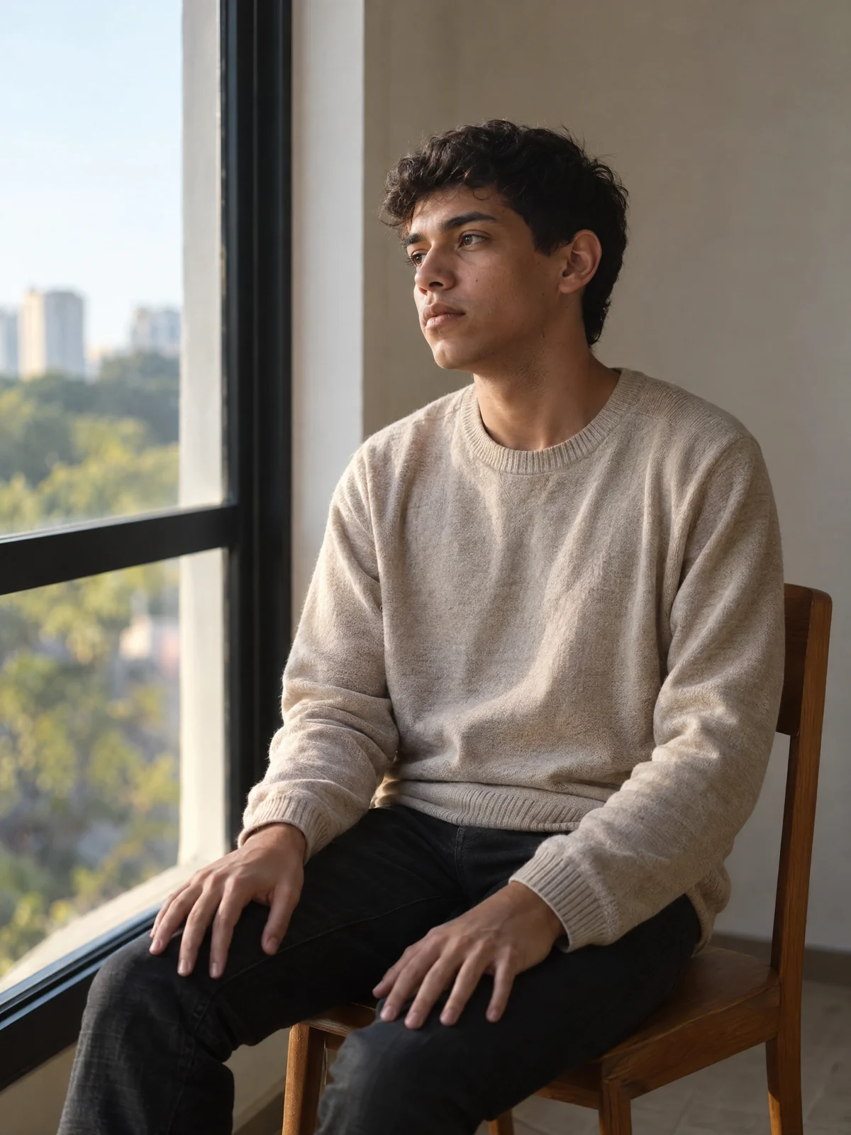 Jovem sentado ao lado de uma janela