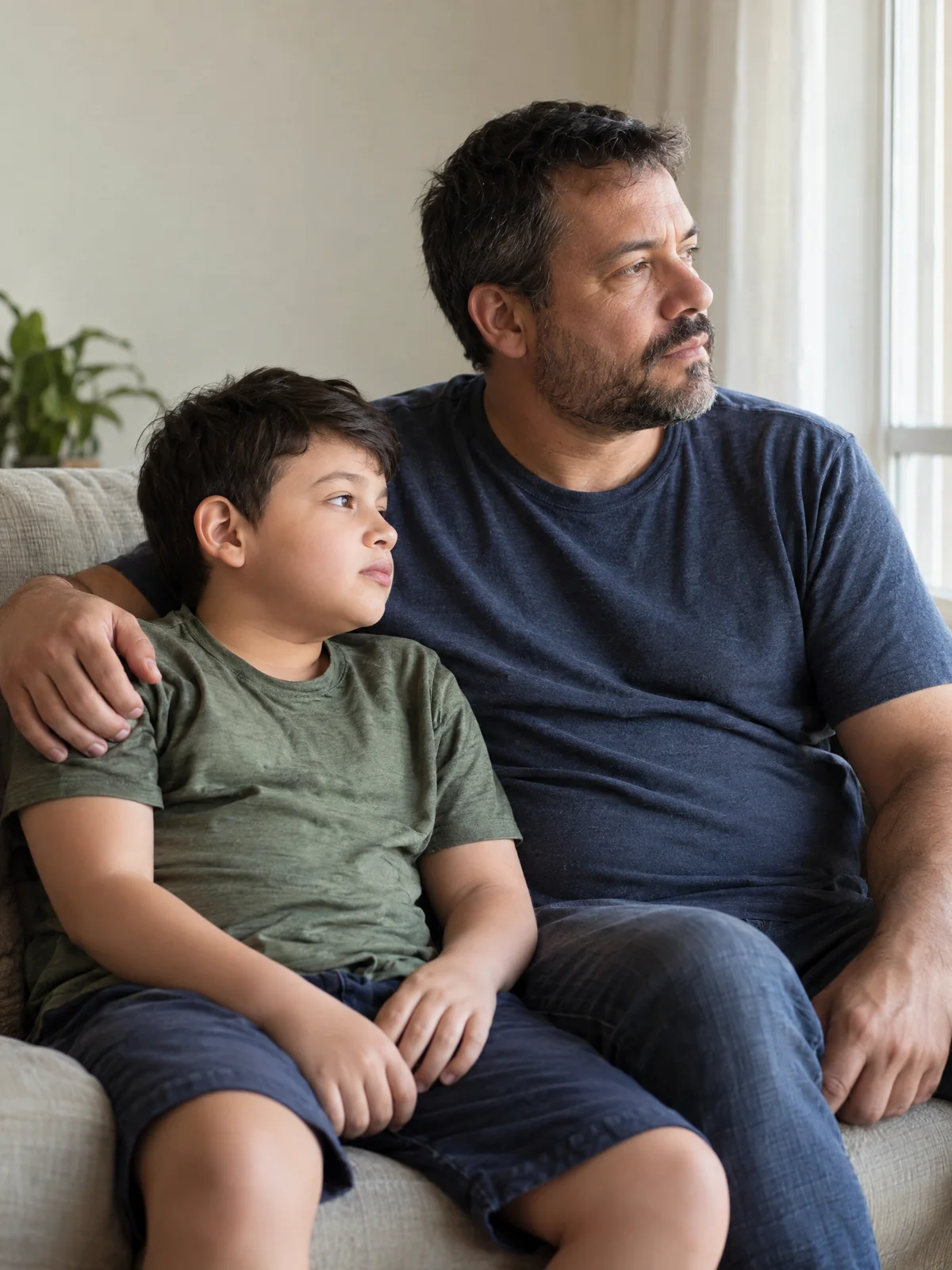 Homem e menino sentados juntos em um sofá
